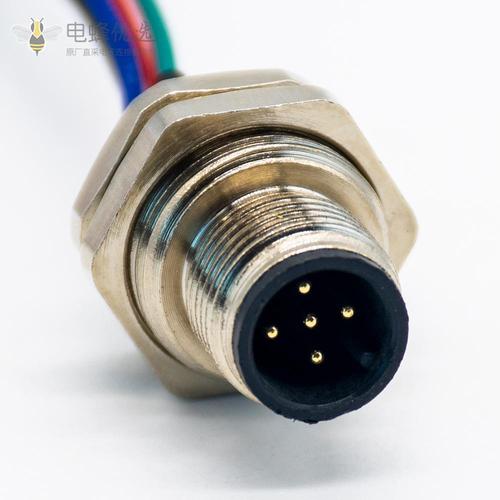 M12 5芯公头前锁板焊线座转5pin端子 30cm线长连接器详解